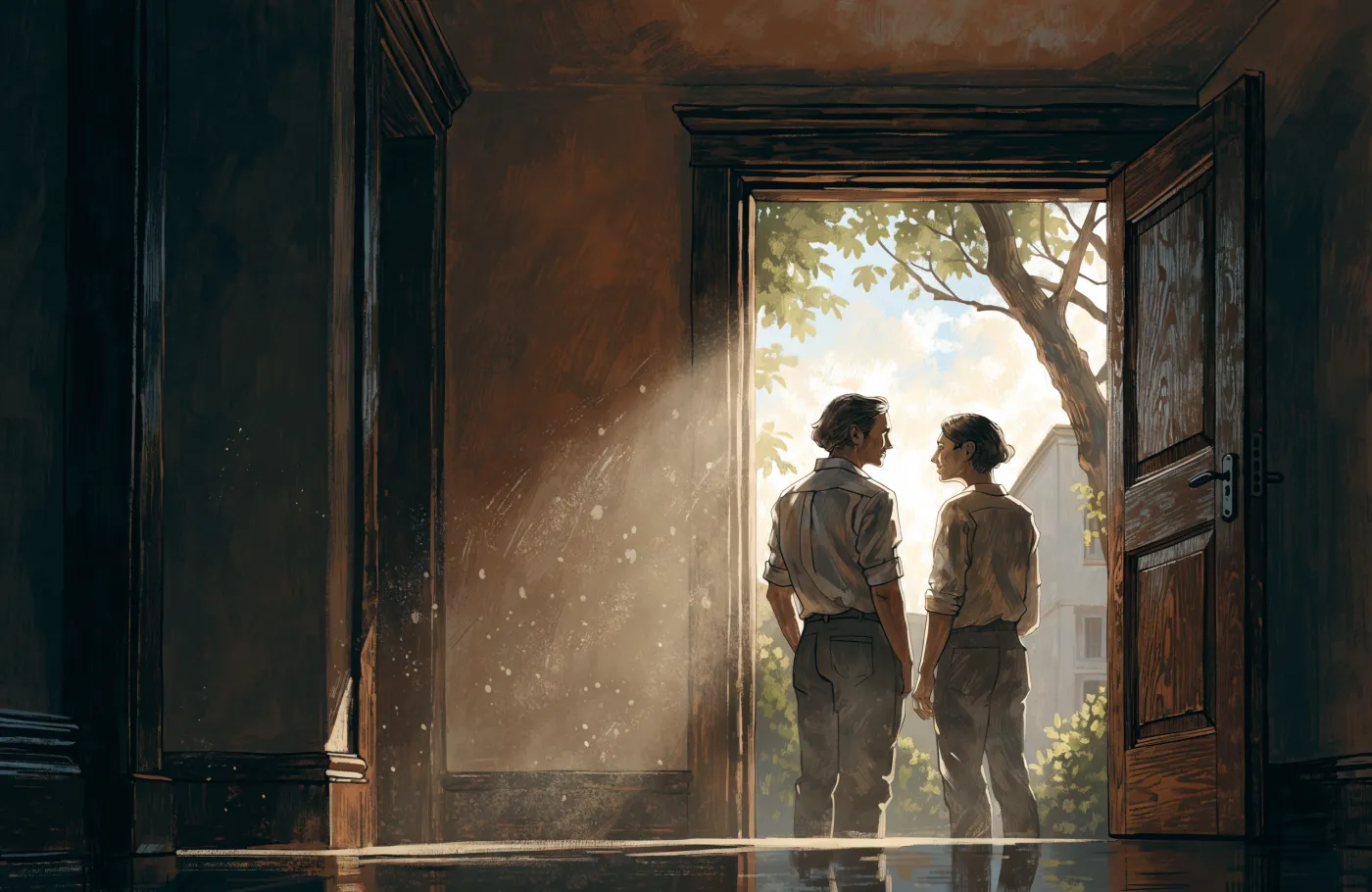 A painted illustration of two figures talking in a sunlit doorway