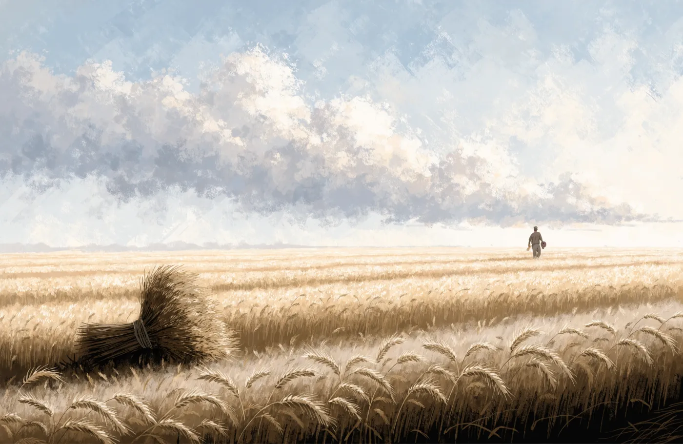 A painted illustration of a barley field at dusk with a single sheaf left standing at the edge