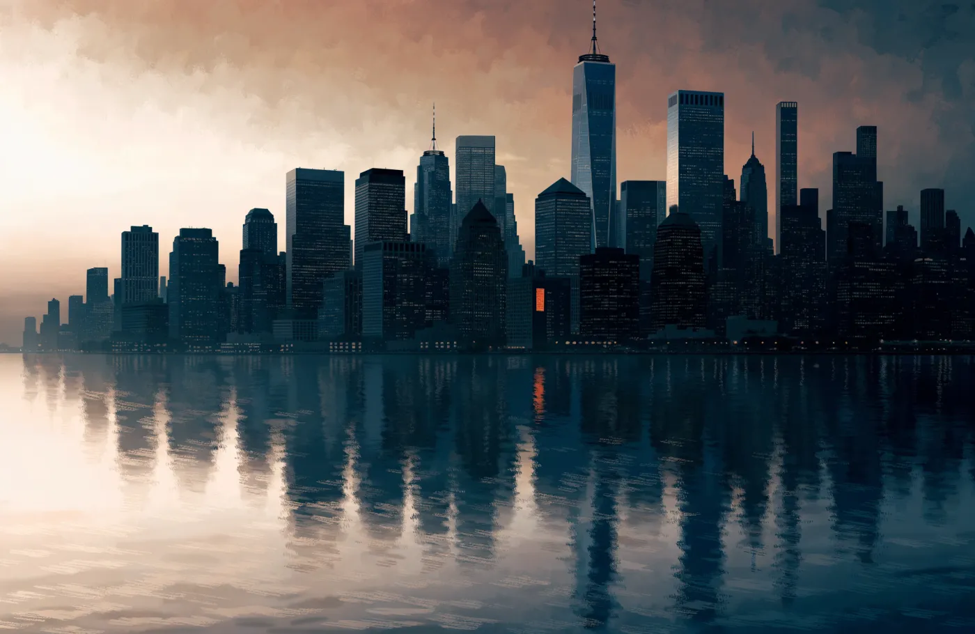 A painted illustration of the Manhattan skyline at dusk with warm light in a single window