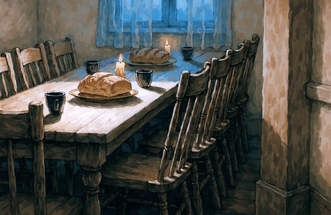 A painted illustration of a long table set with bread and candles as evening light falls