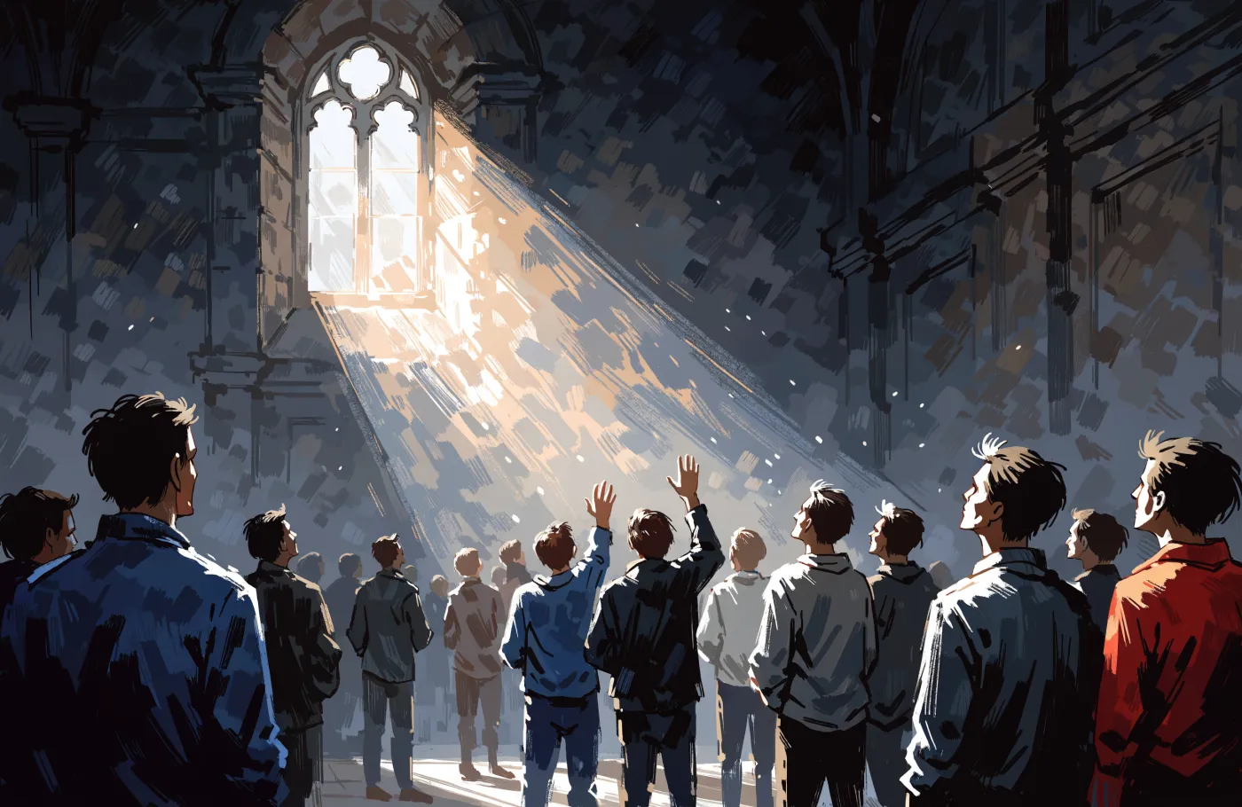 A painted illustration of hands raised in a dim room lit from one high window