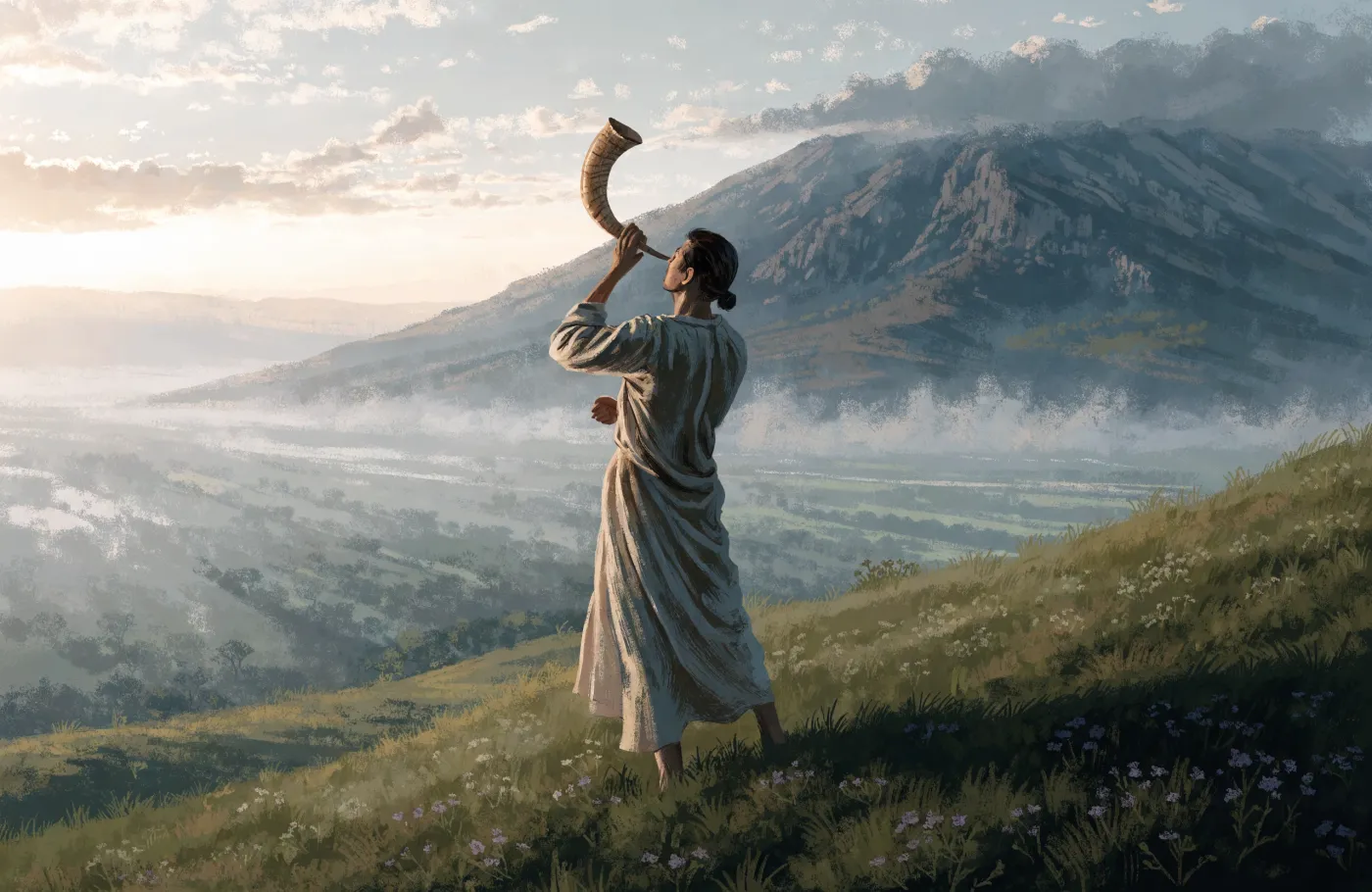A painted illustration of a lone figure raising a shofar at the foot of a smoking mountain